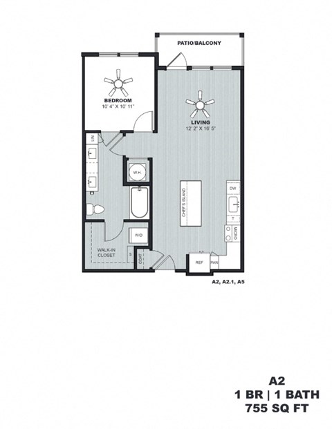 Floor plan for 1 bed, 1 bath, 755 sqft